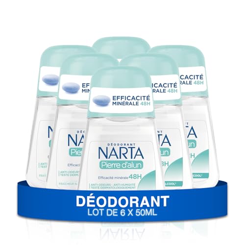 Narta Déodorant Femme Bille 48h Sans Alcool Pierre d'Alun Efficacité Minérale Lot de 6x50ml Stop Transpiration Naturel