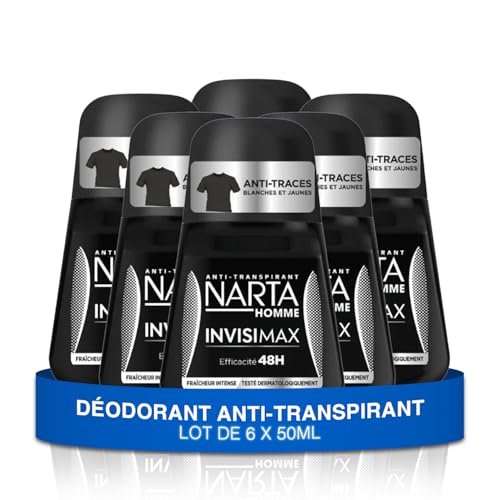 Narta - Déodorant pour homme à bille Invisimax - Éfficacité anti-transpiration 48h & anti-traces - Lot de 6 x 50ml