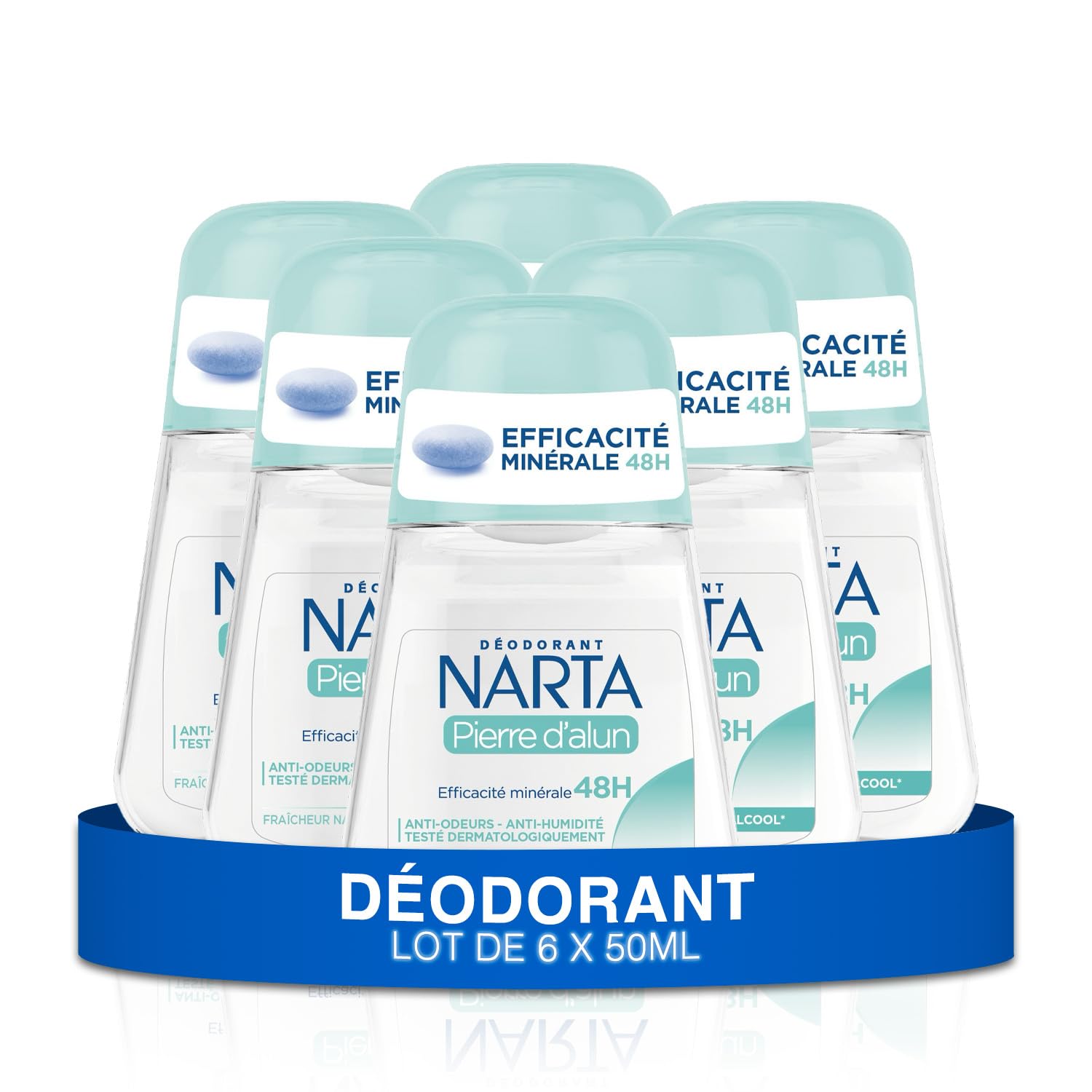 Narta Déodorant Femme Bille 48h Sans Alcool Pierre d'Alun Efficacité Minérale Lot de 6x50ml Stop Transpiration Naturel