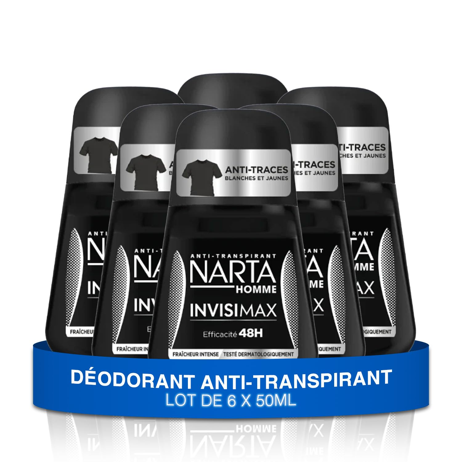 Narta - Déodorant pour homme à bille Invisimax - Éfficacité anti-transpiration 48h & anti-traces - Lot de 6 x 50ml